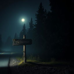 A mysterious nighttime scene featuring a weathered wooden sign standing beside a deserted road, illuminated by the faint glow of moonlight