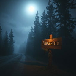 A mysterious nighttime scene featuring a weathered wooden sign standing beside a deserted road, illuminated by the faint glow of moonlight