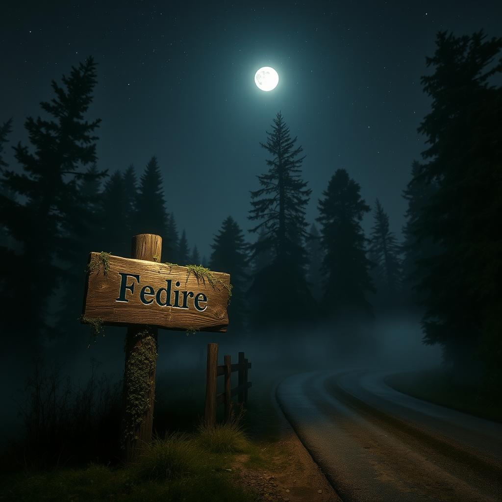 A mysterious nighttime scene featuring a weathered wooden sign standing beside a deserted road, illuminated by the faint glow of moonlight