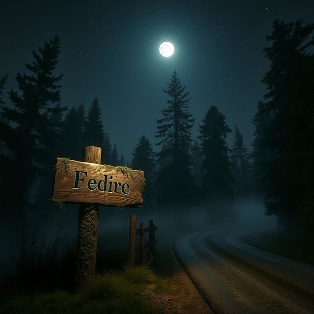 A mysterious nighttime scene featuring a weathered wooden sign standing beside a deserted road, illuminated by the faint glow of moonlight