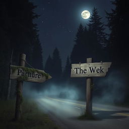 A mysterious nighttime scene featuring a weathered wooden sign standing beside a deserted road, illuminated by the faint glow of moonlight