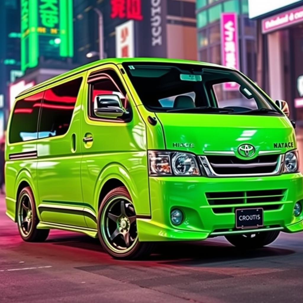 A modified green Toyota HiAce 200 van, featuring vibrant and stylish upgrades