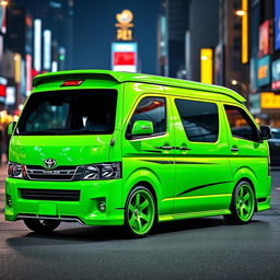 A modified green Toyota HiAce 200 van, featuring vibrant and stylish upgrades