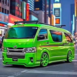 A modified green Toyota HiAce 200 van, featuring vibrant and stylish upgrades