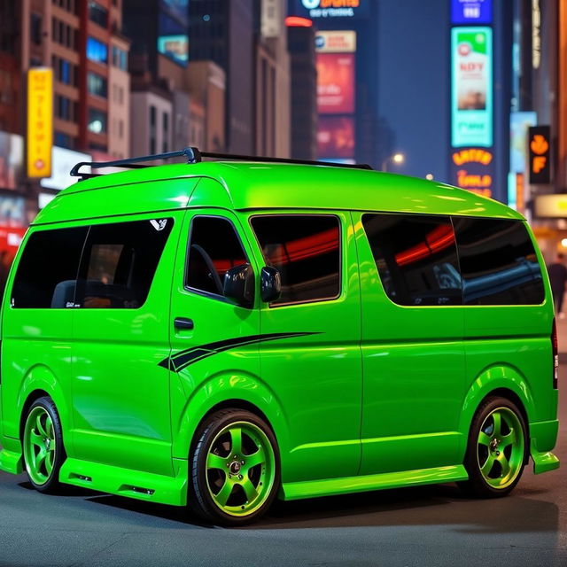 A modified green Toyota HiAce 200 van, featuring vibrant and stylish upgrades