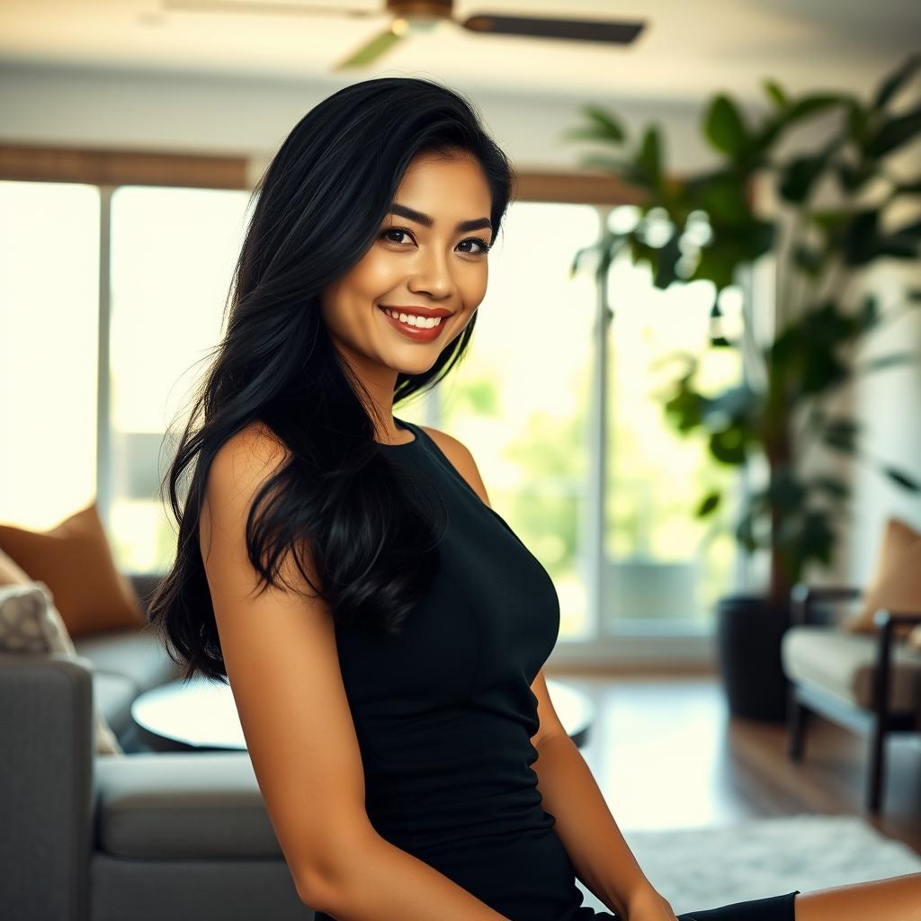 A beautiful young woman with black hair, sitting elegantly in a modern living room