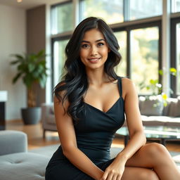 A beautiful young woman with black hair, sitting elegantly in a modern living room
