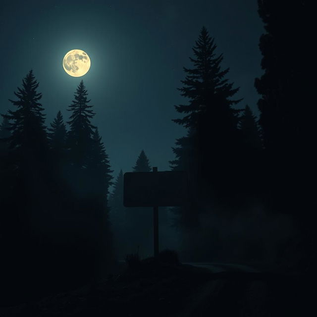 A chilling nighttime scene featuring a barren, weathered signpost standing ominously beside a dark, deserted road