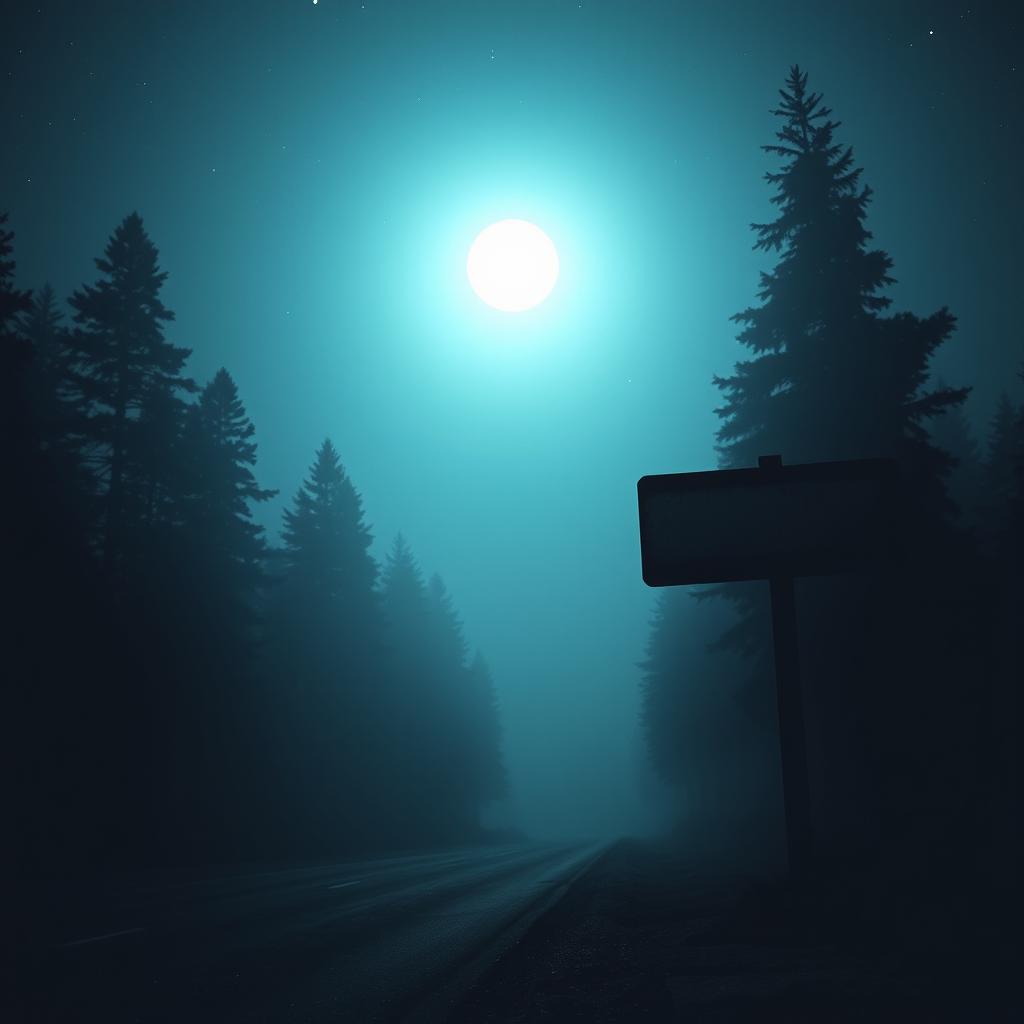 A chilling nighttime scene featuring a barren, weathered signpost standing ominously beside a dark, deserted road