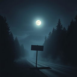 A chilling nighttime scene featuring a barren, weathered signpost standing ominously beside a dark, deserted road