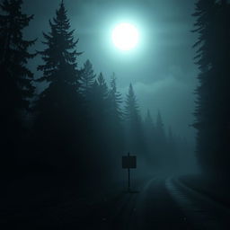 A chilling nighttime scene featuring a barren, weathered signpost standing ominously beside a dark, deserted road