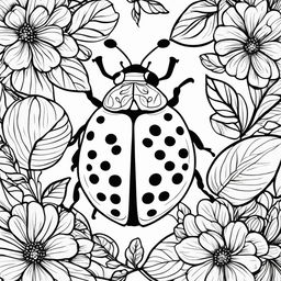 Black and white colouring book page featuring a simple illustration of a ladybug with a background of leaves and flowers.