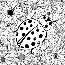 Black and white colouring book page featuring a simple illustration of a ladybug with a background of leaves and flowers.