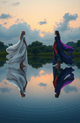 A surreal and ethereal scene depicting two mirrored figures, embodying the concept of duality and reflection in nature