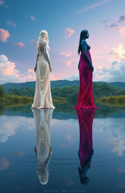A surreal and ethereal scene depicting two mirrored figures, embodying the concept of duality and reflection in nature