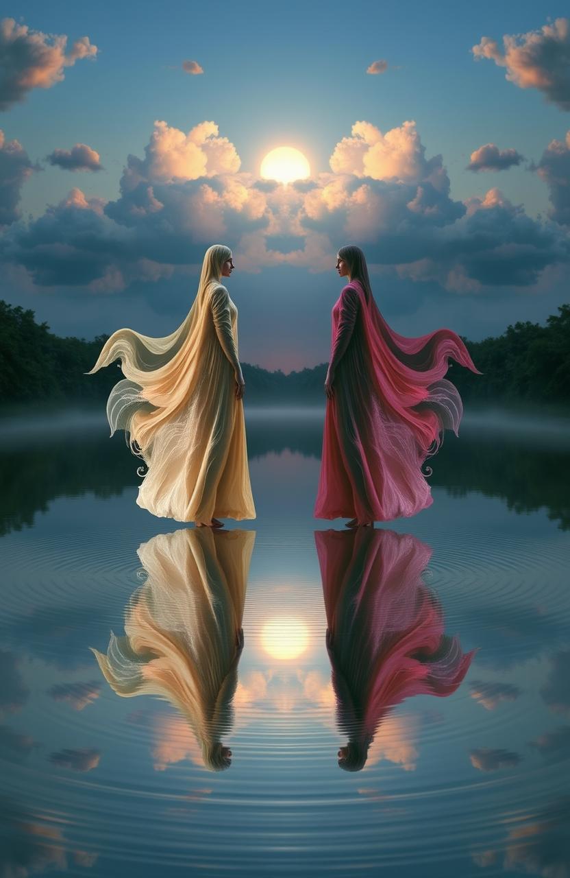 A surreal and ethereal scene depicting two mirrored figures, embodying the concept of duality and reflection in nature