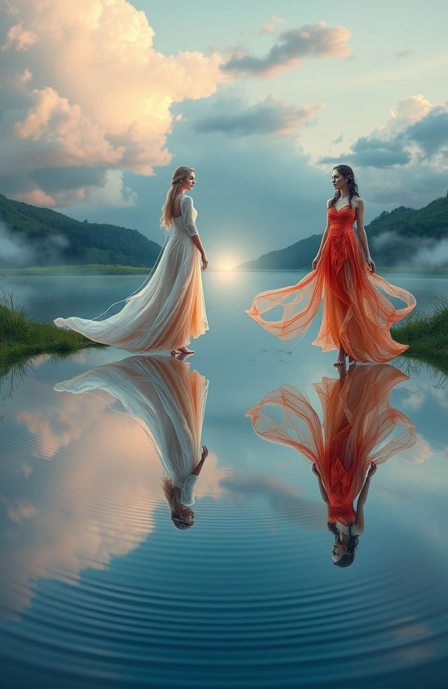 A surreal and ethereal scene depicting two mirrored figures, embodying the concept of duality and reflection in nature