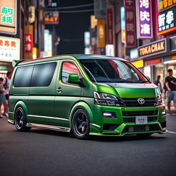 A stylish modified full green Hiace 200 van from Japan, showcasing its sleek lines and contemporary design