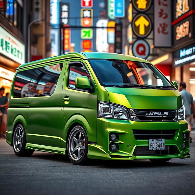 A stylish modified full green Hiace 200 van from Japan, showcasing its sleek lines and contemporary design