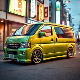 A stylish modified full green Hiace 200 van from Japan, showcasing its sleek lines and contemporary design