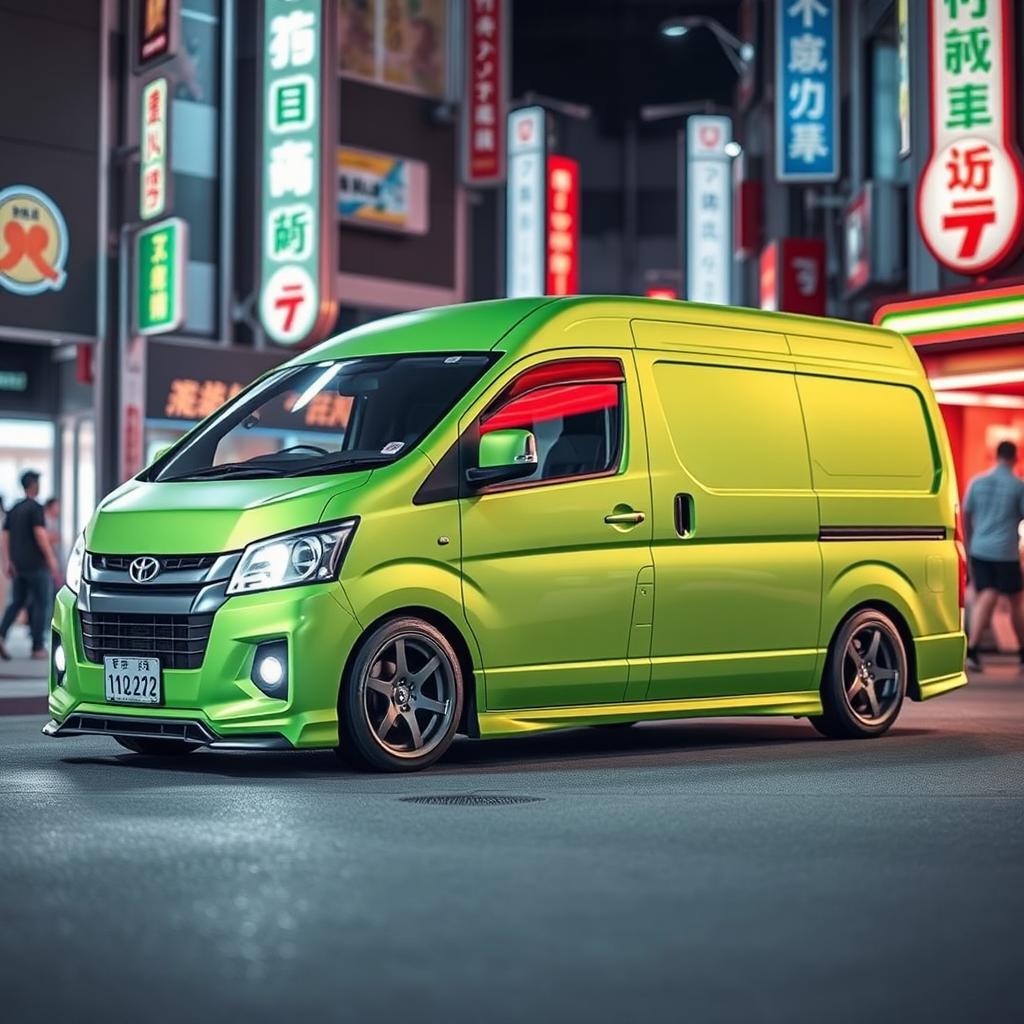 A stylish modified full green Hiace 200 van from Japan, showcasing its sleek lines and contemporary design