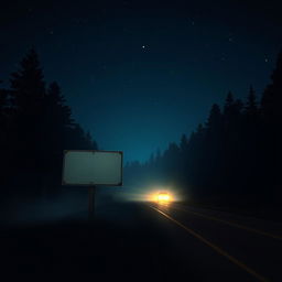 A haunting nighttime scene featuring a vacant, weathered signpost standing ominously beside a dark, deserted road, illuminated by the eerie headlights of an approaching car