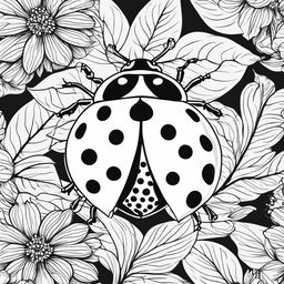 Black and white colouring book page featuring a simple illustration of a ladybug with a background of leaves and flowers.