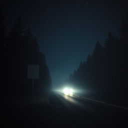 A haunting nighttime scene featuring a vacant, weathered signpost standing ominously beside a dark, deserted road, illuminated by the eerie headlights of an approaching car