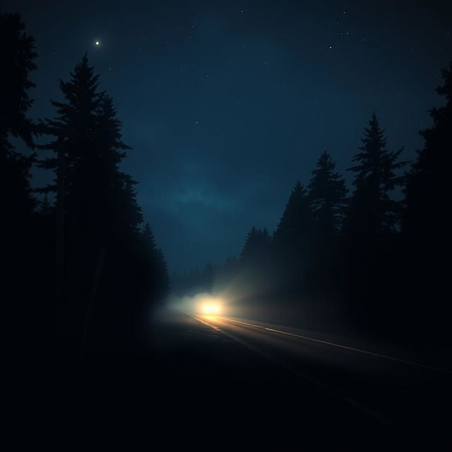 A haunting nighttime scene featuring a vacant, weathered signpost standing ominously beside a dark, deserted road, illuminated by the eerie headlights of an approaching car