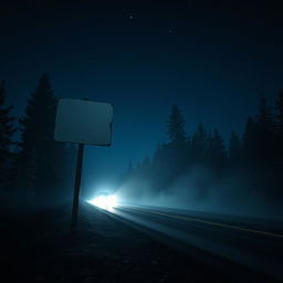 A haunting nighttime scene featuring a vacant, weathered signpost standing ominously beside a dark, deserted road, illuminated by the eerie headlights of an approaching car