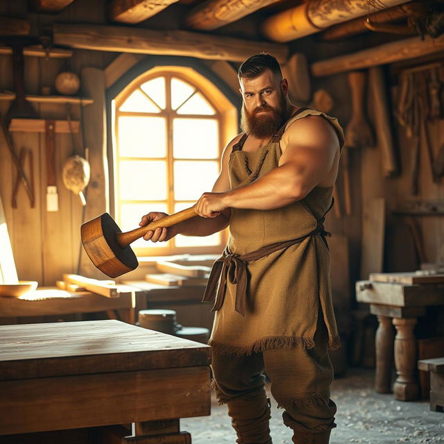 A medieval human male worker, muscular and rugged, holding a large two-handed wooden mallet