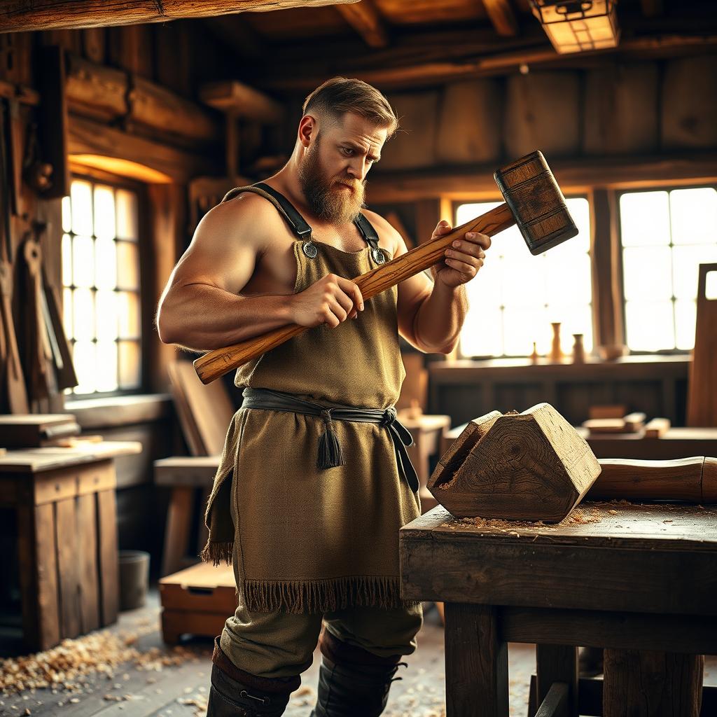 A medieval human male worker, muscular and rugged, holding a large two-handed wooden mallet