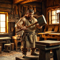 A medieval human male worker, muscular and rugged, holding a large two-handed wooden mallet