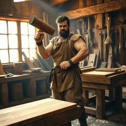 A medieval human male worker, muscular and rugged, holding a large two-handed wooden mallet