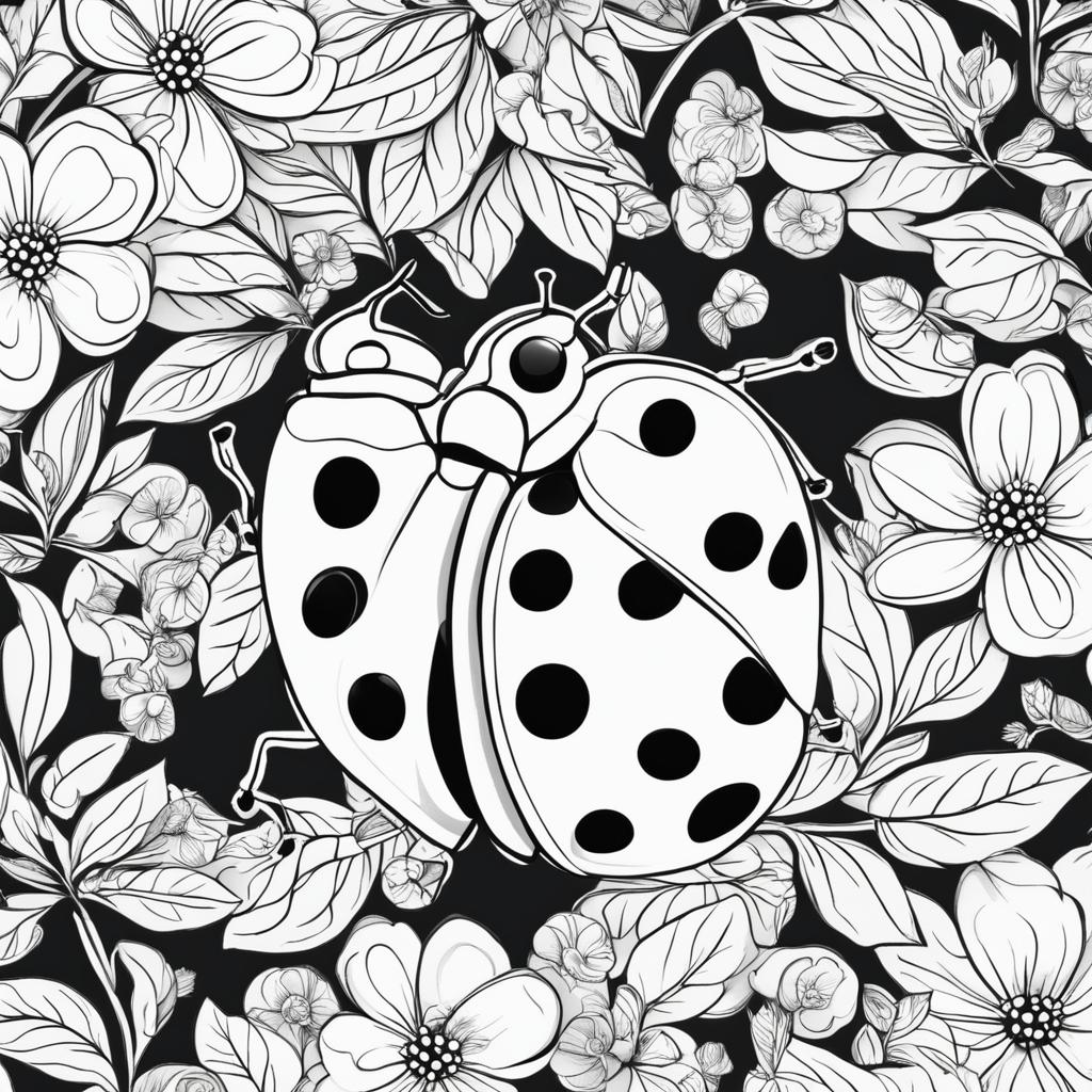 Black and white colouring book page featuring a simple illustration of a ladybug with a background of leaves and flowers.