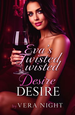 A captivating book cover design for 'Eva's Twisted Desire', featuring a seductive woman with an alluring smirk, elegantly holding a glass of red wine