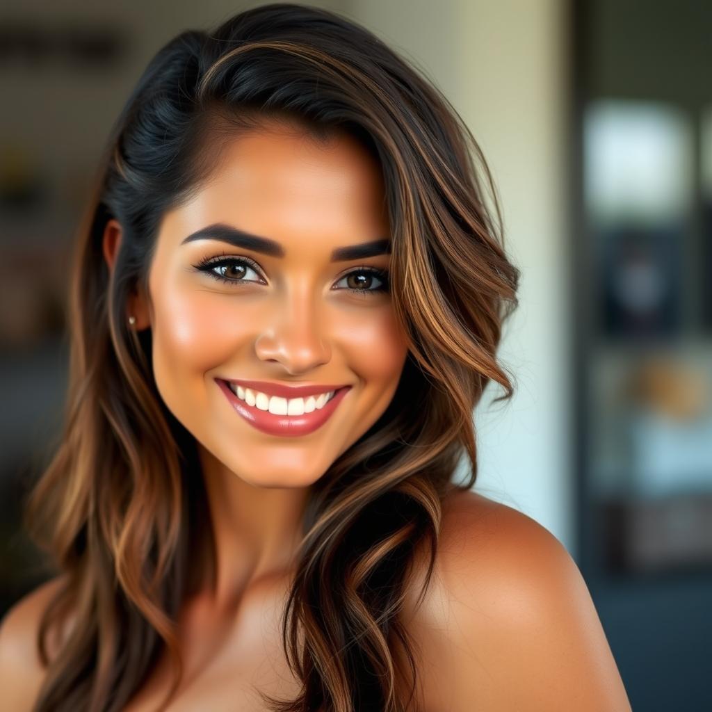 A beautiful Brazilian woman with tanned skin, thick hair, and expressive facial features, showcasing bright eyes and a captivating smile