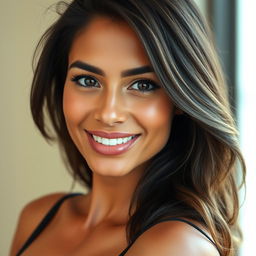 A beautiful Brazilian woman with tanned skin, thick hair, and expressive facial features, showcasing bright eyes and a captivating smile