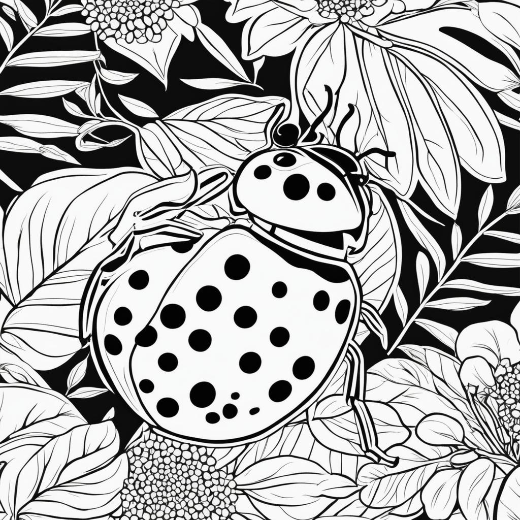 Black and white colouring book page with a simple illustration of a ladybug amidst leaves and flowers.