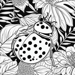 Black and white colouring book page with a simple illustration of a ladybug amidst leaves and flowers.