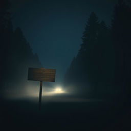 A terrifying nighttime scene depicting a vacant wooden signpost standing ominously beside a dark, deserted road