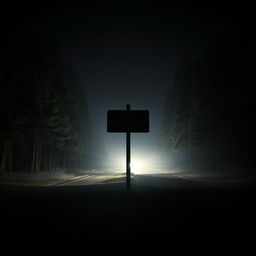 A terrifying nighttime scene depicting a vacant wooden signpost standing ominously beside a dark, deserted road