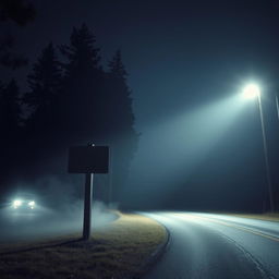 A terrifying nighttime scene depicting a vacant wooden signpost standing ominously beside a dark, deserted road