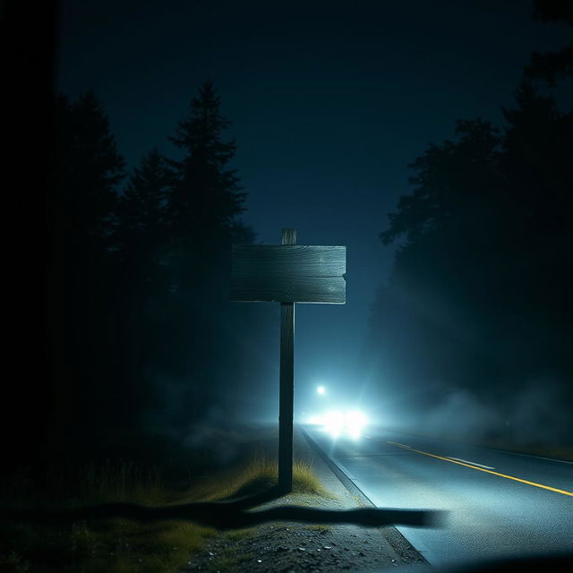 A terrifying nighttime scene depicting a vacant wooden signpost standing ominously beside a dark, deserted road