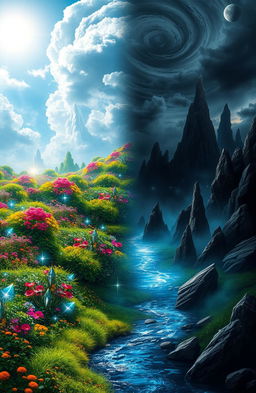 A mystical landscape divided into two contrasting realms