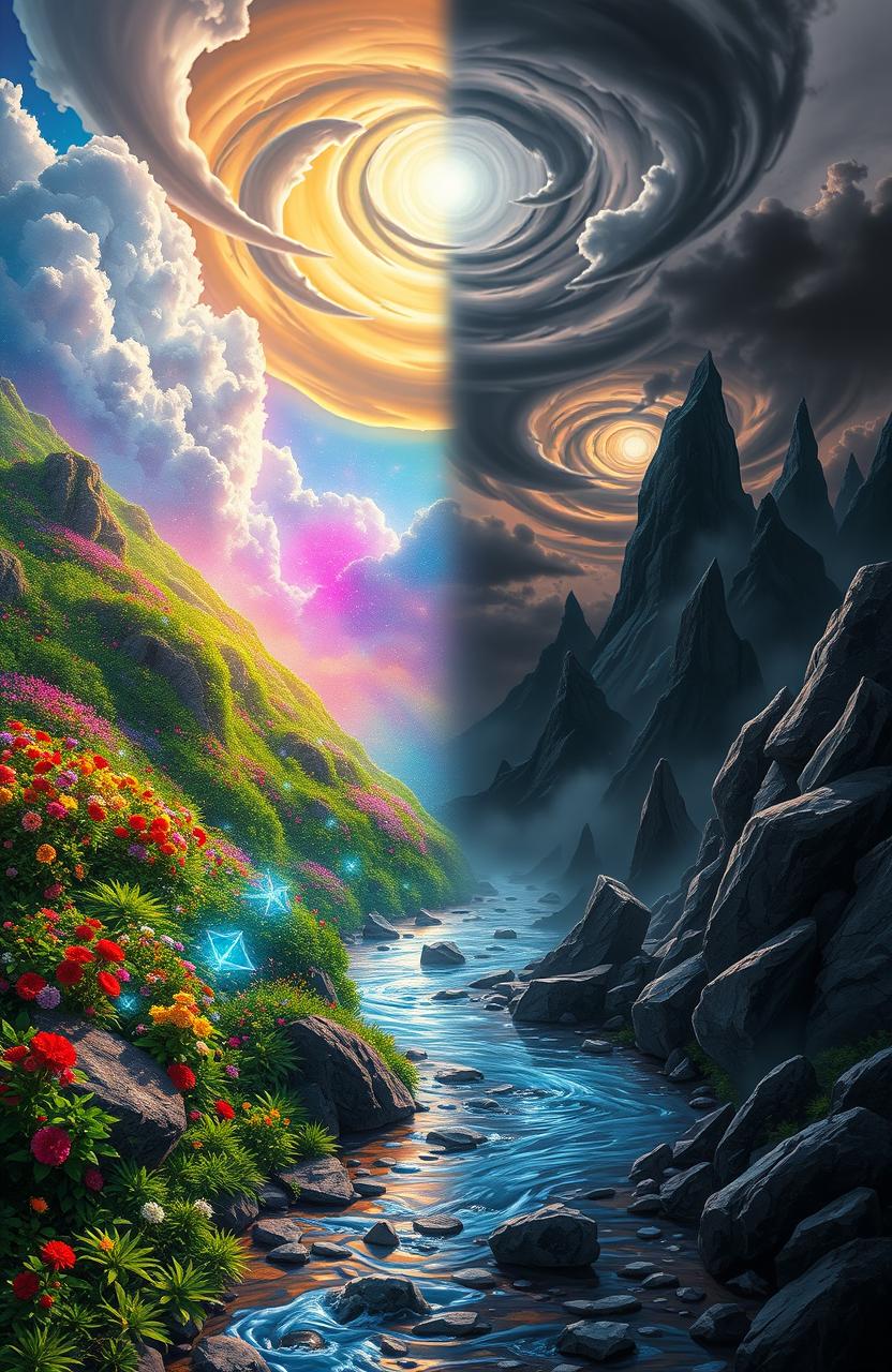 A mystical landscape divided into two contrasting realms