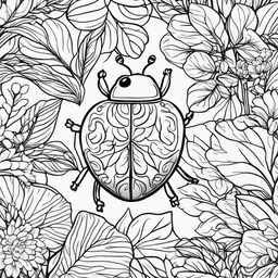 Black and white colouring book page with a simple illustration of a ladybug amidst leaves and flowers.