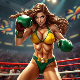 A dynamic and powerful scene featuring Rogue from the X-Men in a striking green and yellow bikini, engaged in an intense boxing match