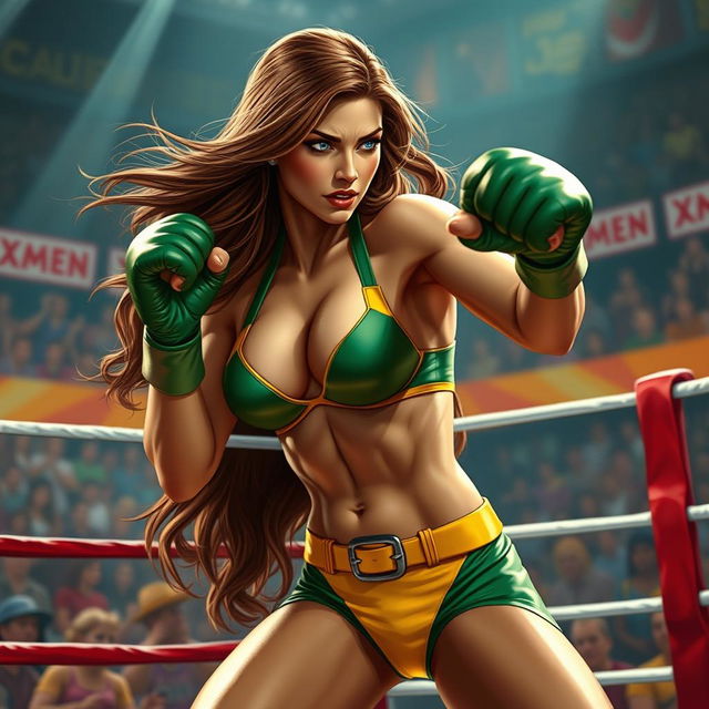 A dynamic and powerful scene featuring Rogue from the X-Men in a striking green and yellow bikini, engaged in an intense boxing match