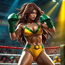 A dynamic and powerful scene featuring Rogue from the X-Men in a striking green and yellow bikini, engaged in an intense boxing match